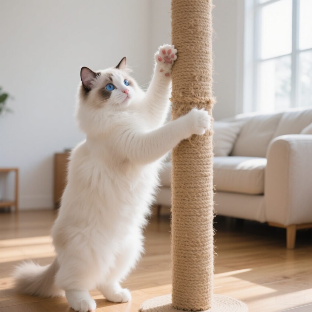 A fluffy Ragdoll cat stretching on a natural sisal scratching post, maintaining healthy claws and muscles