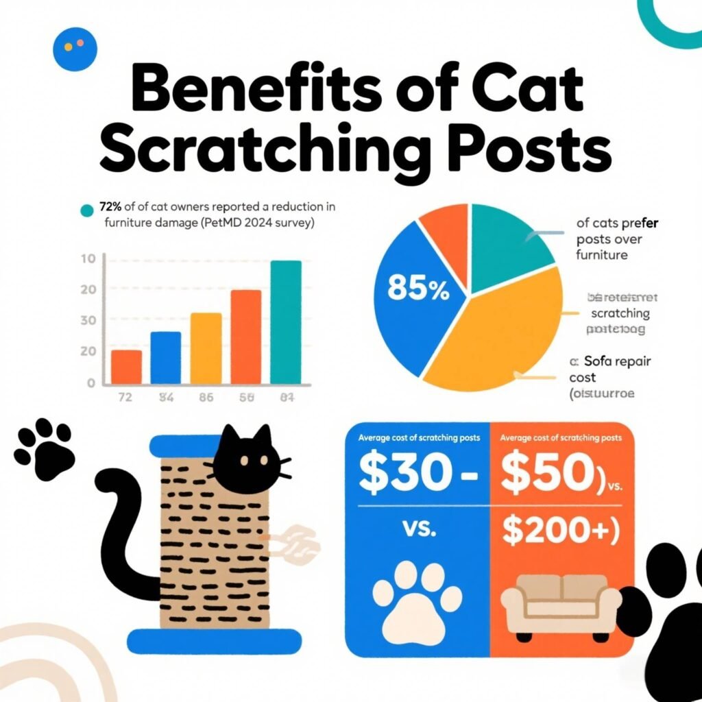 Infographic showing how scratching posts reduce furniture damage and save money for cat owners